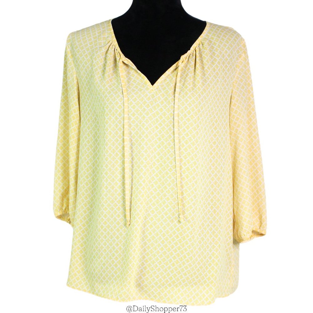 Banana Republic Factory Women's Checkered Pastel Yellow 3/4 Sleeve Blouse Top